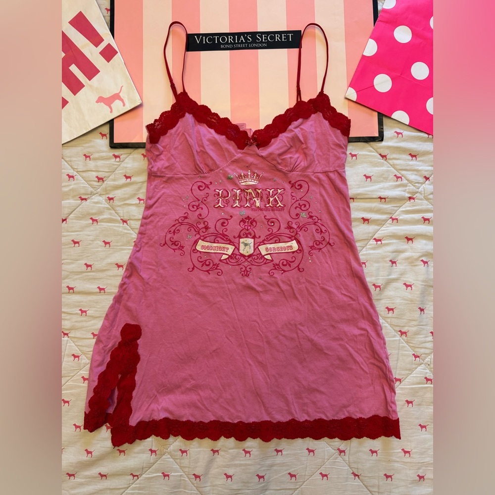 VS PINK VINTAGE Y2K LACE TRIM BABYDOLL SLIP DRESS DOG PUP LOGO BLING RARE HTF M